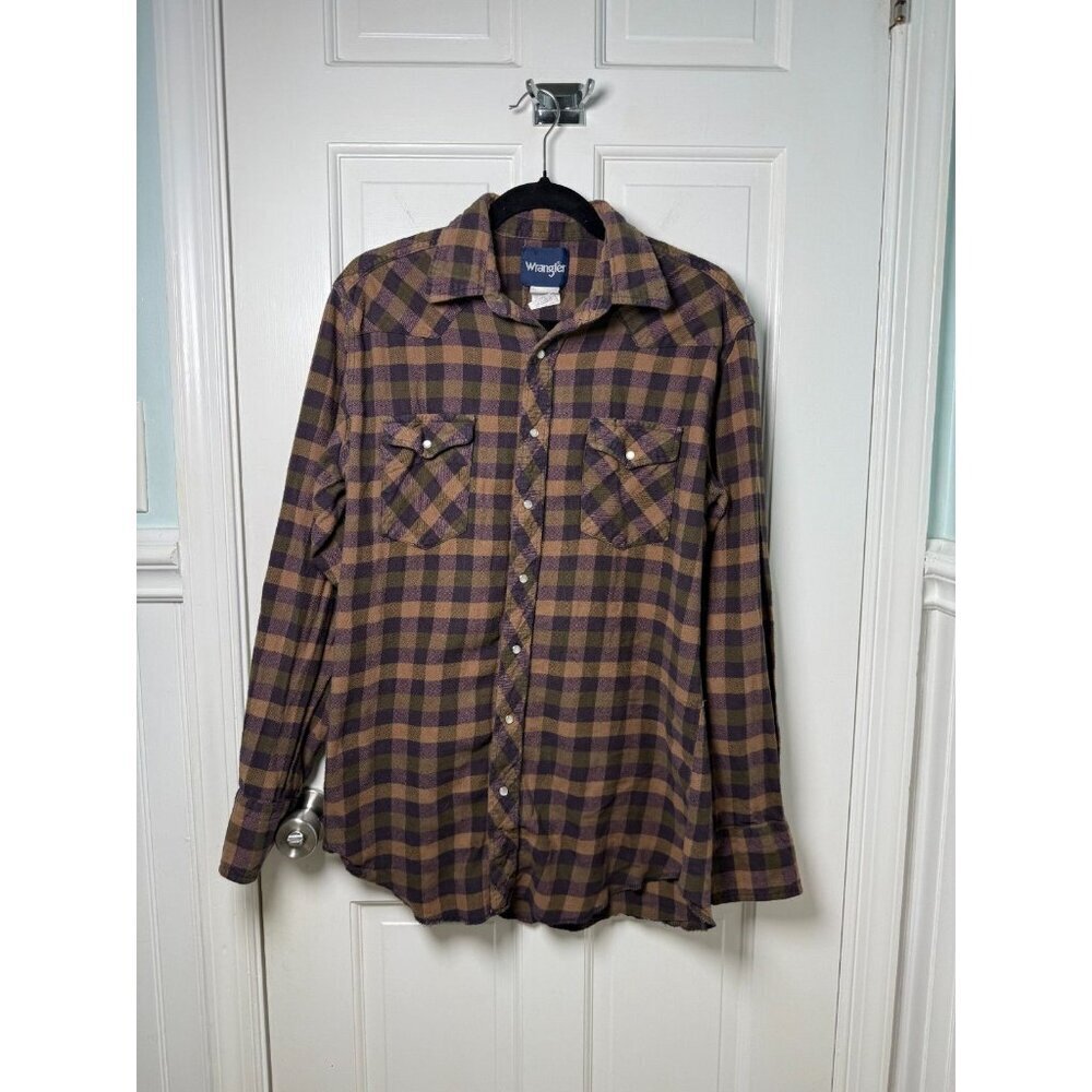 Wrangler Womens Tan Purple Green Plaid with Pearl Snap Buttons Flannel